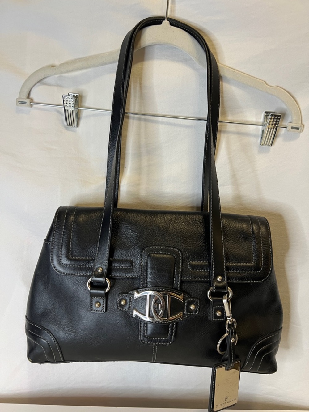 Etienne Aigner Vintage Black Leather Shoulder Bag with Silver Hardware